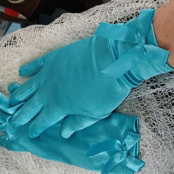 None Accessories - Turquoise Satin Gloves with Bows Stretchy Dress Up 80s Prom Costume Wear